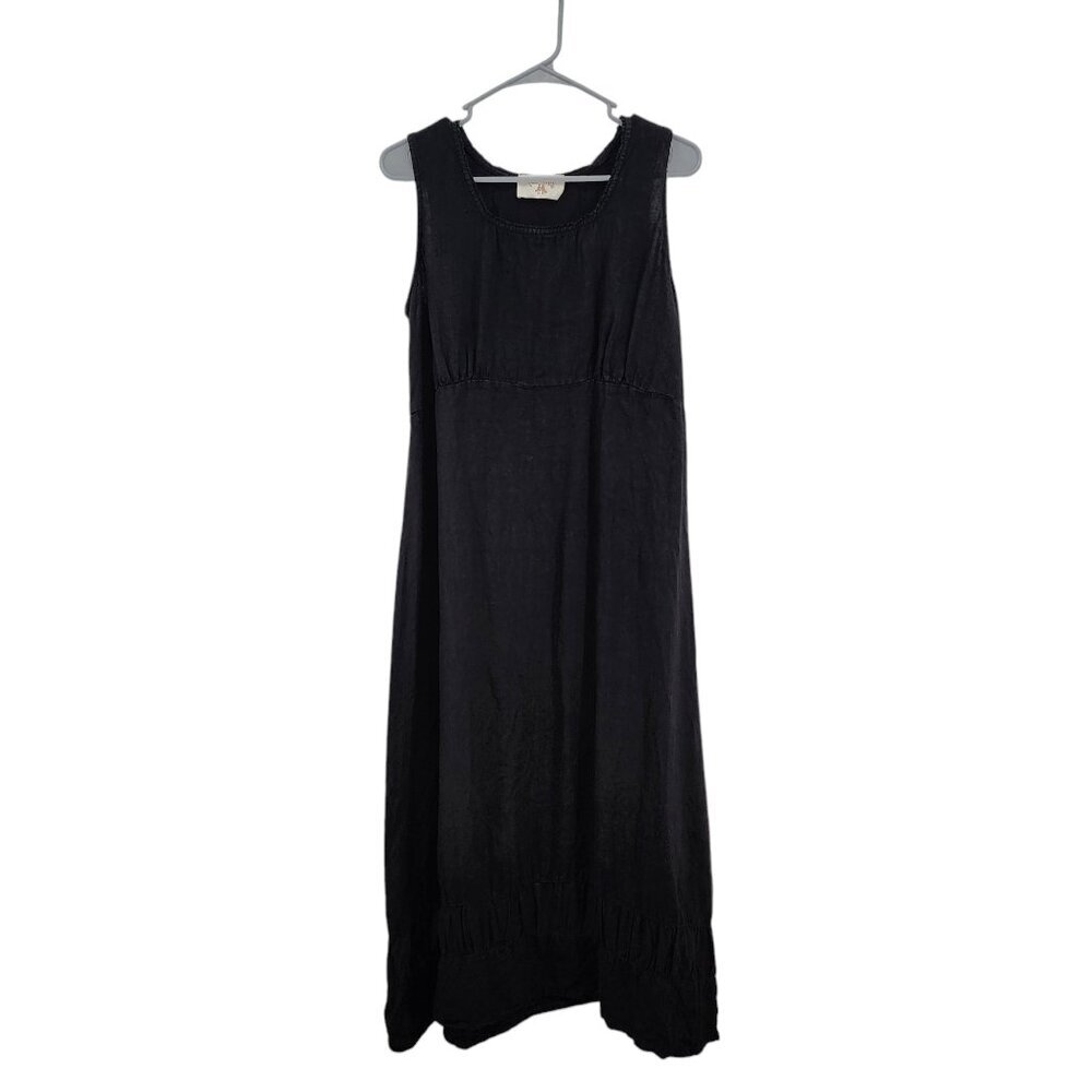 Les Amis Women's Vintage 100% Linen Black Lagenlook Midi Dress Sz M/L
